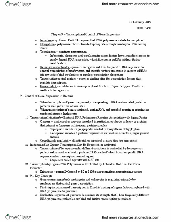 BIOL 3450 Chapter Notes - Chapter 9: Lac Operon, Catabolite Activator Protein, Lac Repressor thumbnail