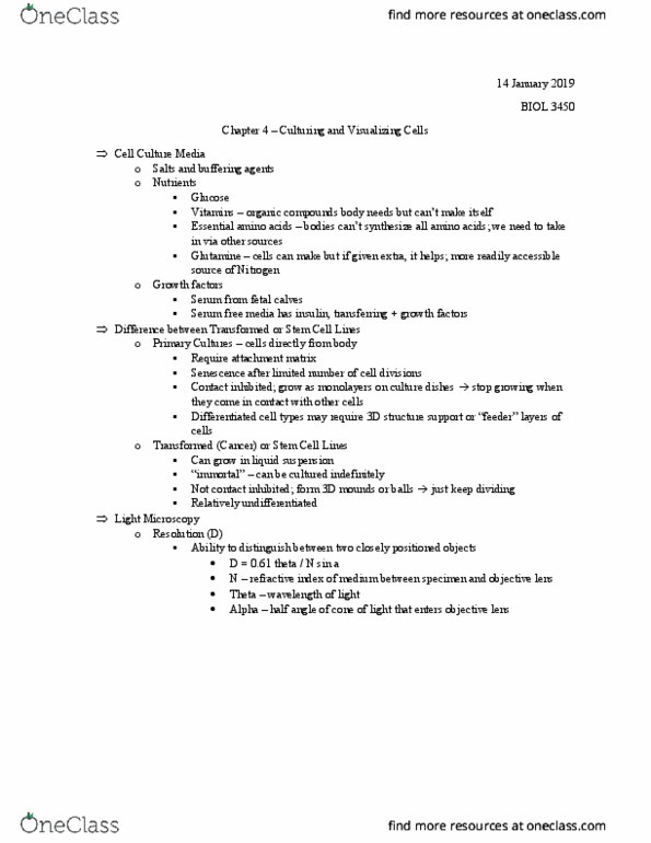 BIOL 3450 Lecture Notes - Lecture 4: Cell Culture, Senescence, Glutamine thumbnail