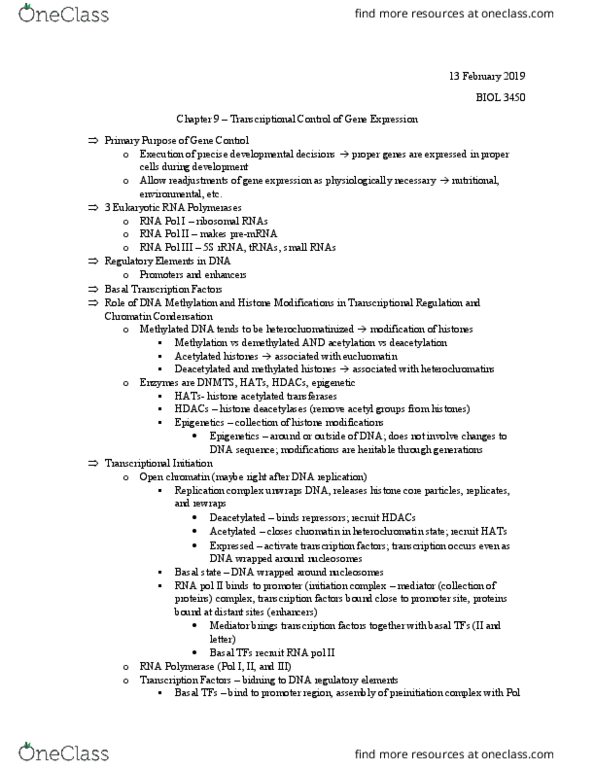 BIOL 3450 Lecture 15: 13 February - Chapter 9 – Transcriptional Control of Gene Expression thumbnail