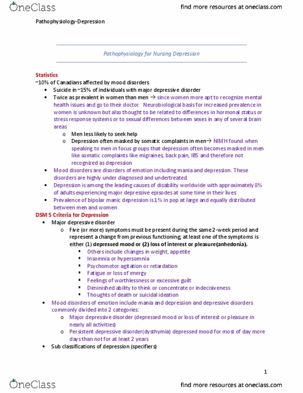 NURSING 2LA2 Lecture 7: Pathophysiology for Nursing Depression thumbnail