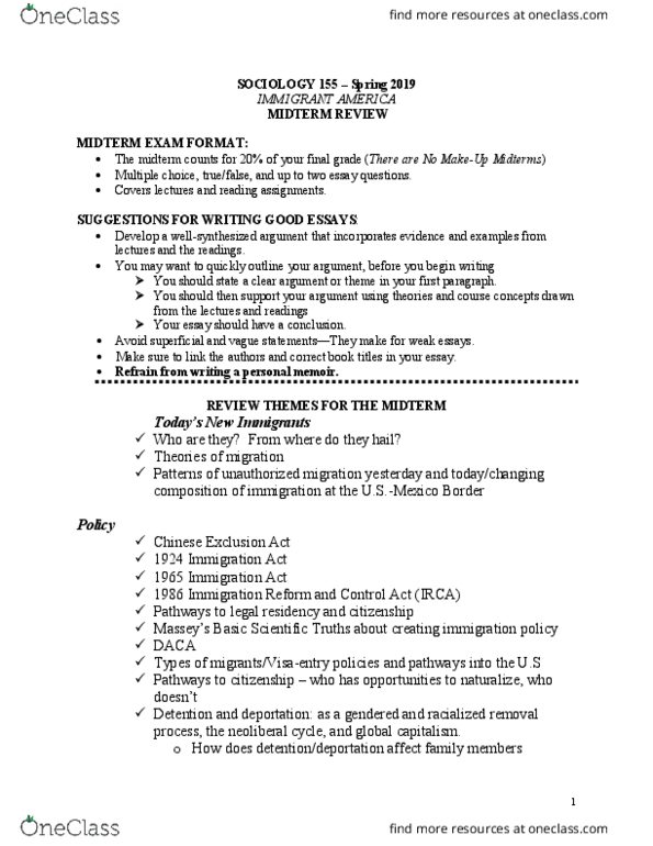 SOCI 155gm Midterm: Spring 2019 midterm review - OneClass