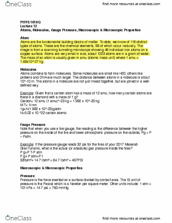 PHYS 1010Q Lecture Notes - Lecture 12: Maserati Granturismo, Scanning Tunneling Microscope, Unified Atomic Mass Unit cover image