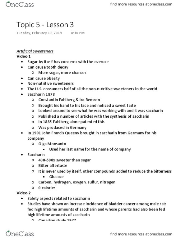 CHEM 181 Lecture Notes - Lecture 14: Constantin Fahlberg, Ira Remsen, Saccharin thumbnail