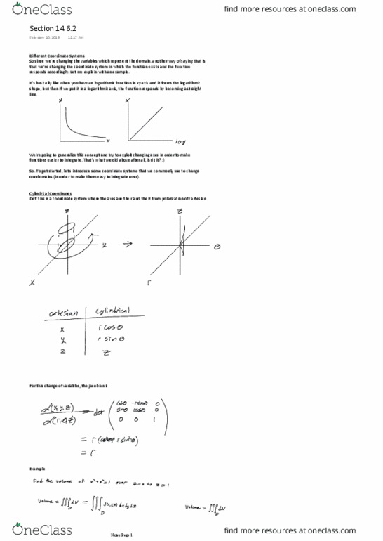 Applied Mathematics 2277A/B Lecture Notes - Lecture 7: Cylindrical Coordinate System, Logarithm thumbnail