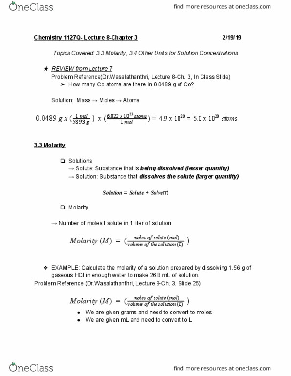 CHEM 1127Q Lecture 9: Chapter 3 -Sections 3.3, 3.4 cover image
