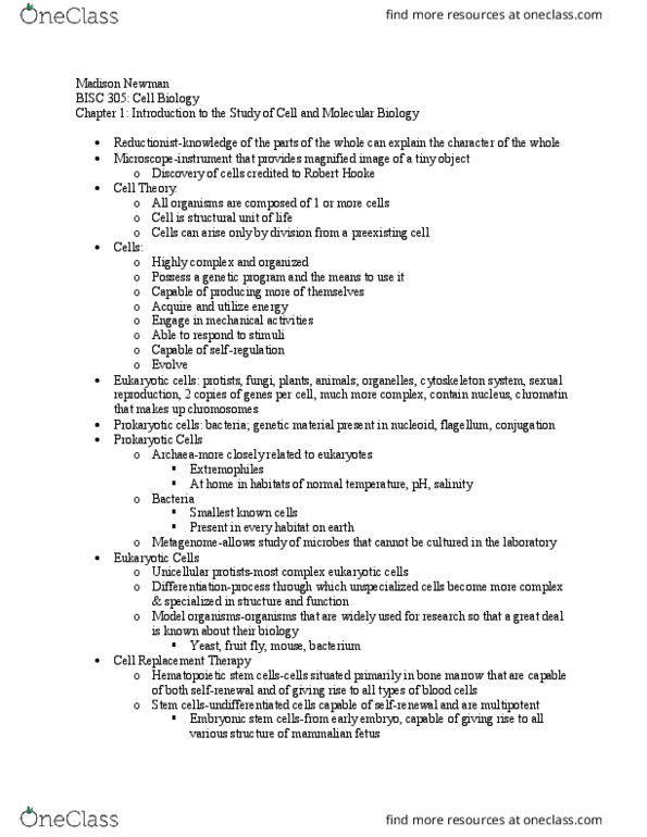 BISC305 Chapter Notes - Chapter 1: Stem-Cell Therapy, Robert Hooke, Extremophile thumbnail