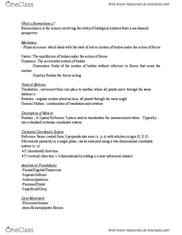 KINE 3030 Lecture Notes - Lecture 1: Cartesian Coordinate System, Outline Of Physical Science, Statics thumbnail