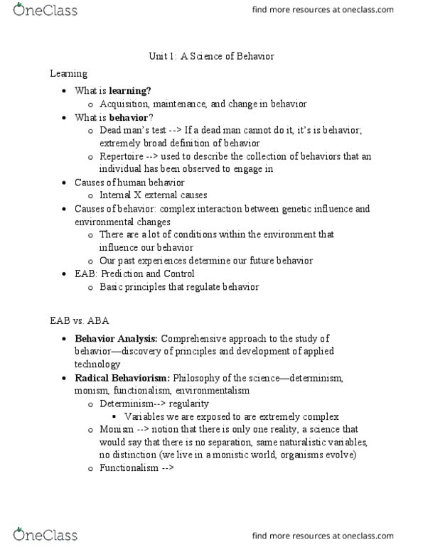 PSYC 181 Lecture Notes - Lecture 1: Monism, Behaviorism, Determinism thumbnail