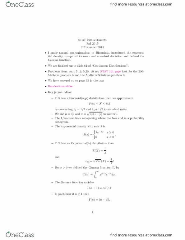 STAT 270 Lecture Notes - Lecture 23: Gamma Function, Standard Deviation, Jargon thumbnail