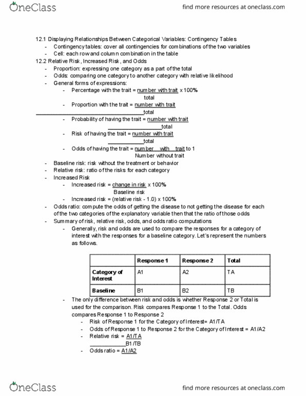 STATISTC 111 Chapter Notes - Chapter 12: Odds Ratio, Relative Risk, Contingency Table thumbnail