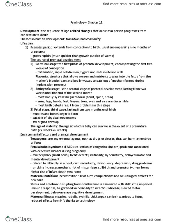 PSY100Y5 Chapter Notes - Chapter 11: Preterm Birth, Nutrition And Pregnancy, Prenatal Development thumbnail