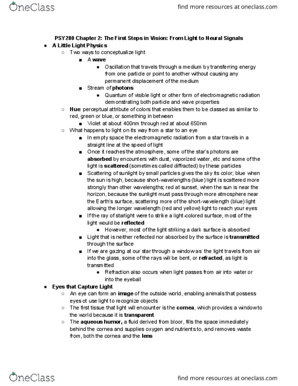 PSY280H1 Chapter 2: The First Steps in Vision: From Light to Neural Signals thumbnail