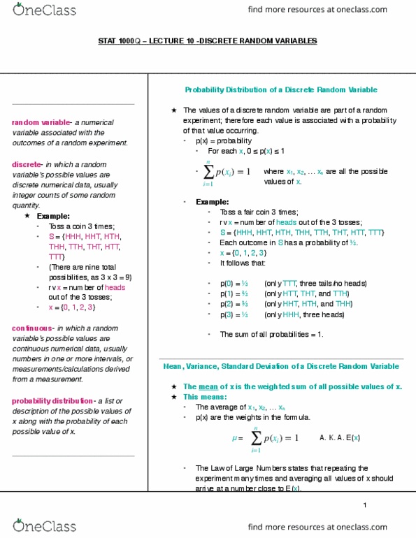 STAT 1000Q Lecture Notes - Lecture 10: Random Variable, Fair Coin, Standard Deviation cover image