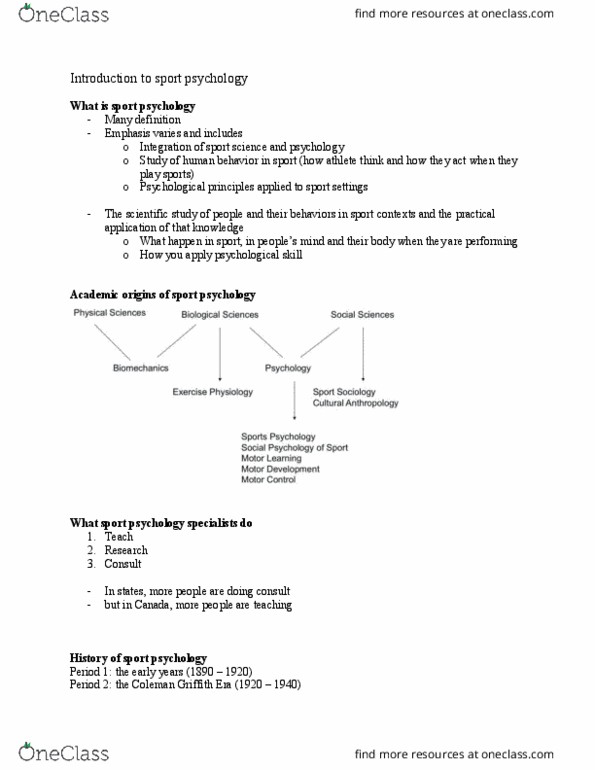 KINESIOL 3V03 Lecture Notes - Lecture 6: Sport Psychology, Sports Science, Health Psychology thumbnail