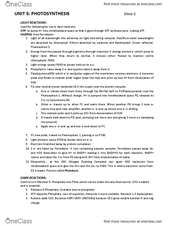 PHYS 1010 Lecture Notes - Lecture 2: Light-Harvesting Complex, Ferredoxin, Atp Synthase thumbnail