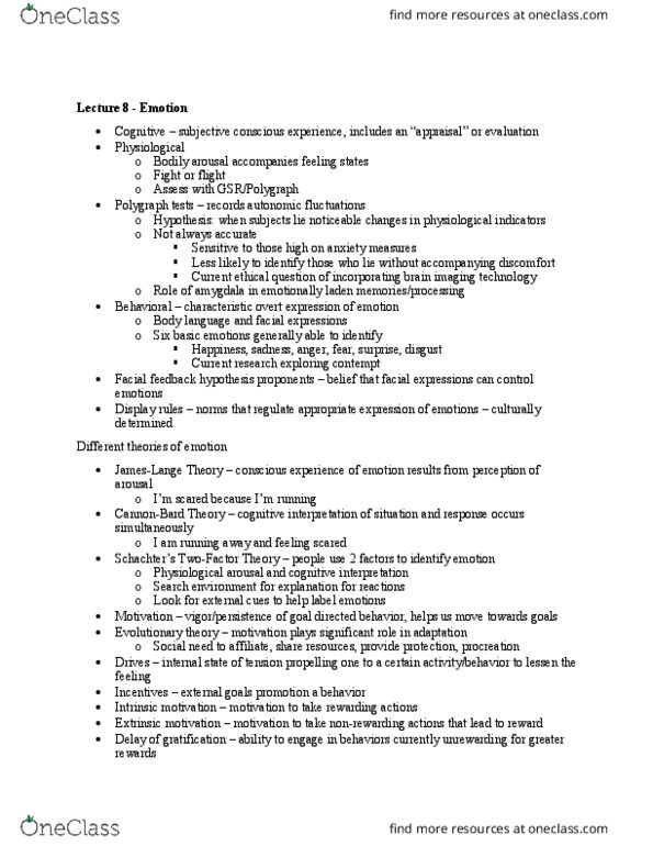 PSYCH 111 Lecture Notes - Lecture 8: Facial Feedback Hypothesis, Motivation, Display Rules thumbnail