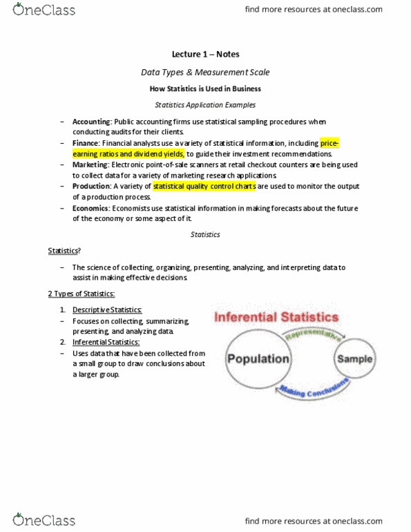 QMS 102 Lecture Notes - Lecture 1: Statistical Process Control, Accountant, Pie Chart thumbnail