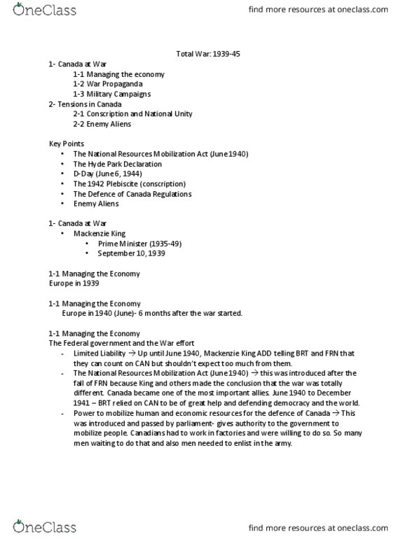 HIST 2500 Lecture Notes - Lecture 4: National Resources Mobilization Act, David Suzuki, Joy Kogawa thumbnail