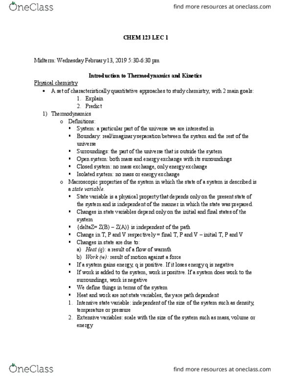 CHEM 123 Lecture Notes - Lecture 1: State Variable, Physical Chemistry, Path Dependence thumbnail