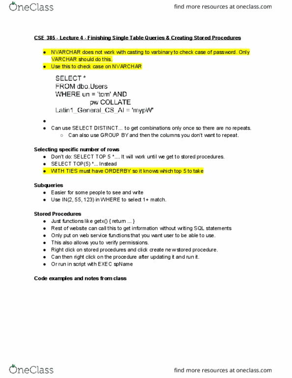 CSE 385 Lecture Notes - Lecture 4: Stored Procedure, Web Service thumbnail