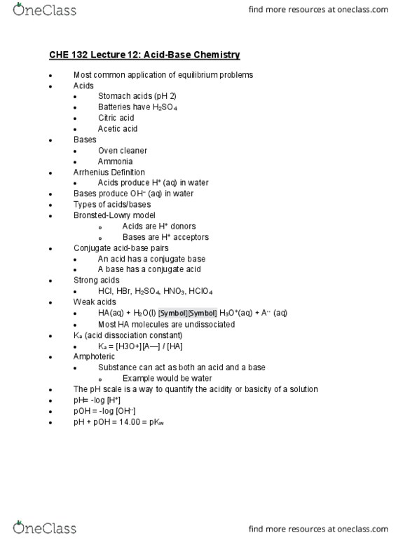 CHE 132 Lecture Notes - Lecture 12: Ph, Conjugate Acid cover image