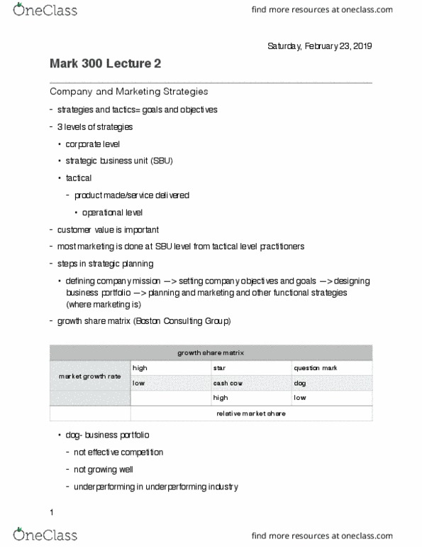 MARK 300 Lecture Notes - Lecture 2: Boston Consulting Group, Strategic Business Unit, Effective Competition thumbnail