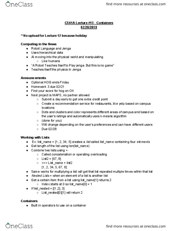 COMPSCI 61A Lecture 13: Containers thumbnail