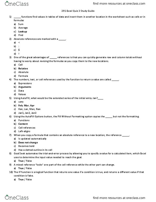 AGNR 291 Quiz: AGNR 291 Excel Quiz 3 Study Guide - OneClass