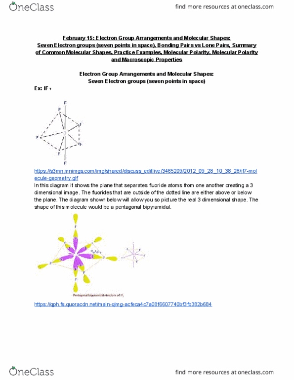 CHEM101 Lecture 18: February 15_ Electron Group Arrangements and Molecular Shapes_ Seven Electron groups (seven points in space), Bonding Pairs vs Lone Pairs, Summary of Common Molecular Shapes, Practice Examples, Molecular Polarity, cover image
