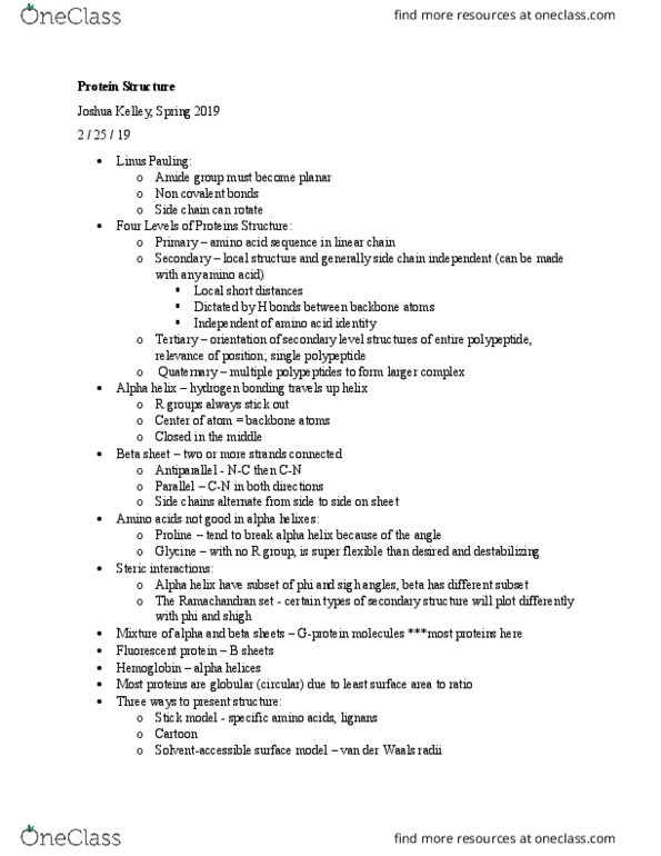 BMB 322 Lecture Notes - Lecture 9: Alpha Helix, Linus Pauling, Beta Sheet thumbnail