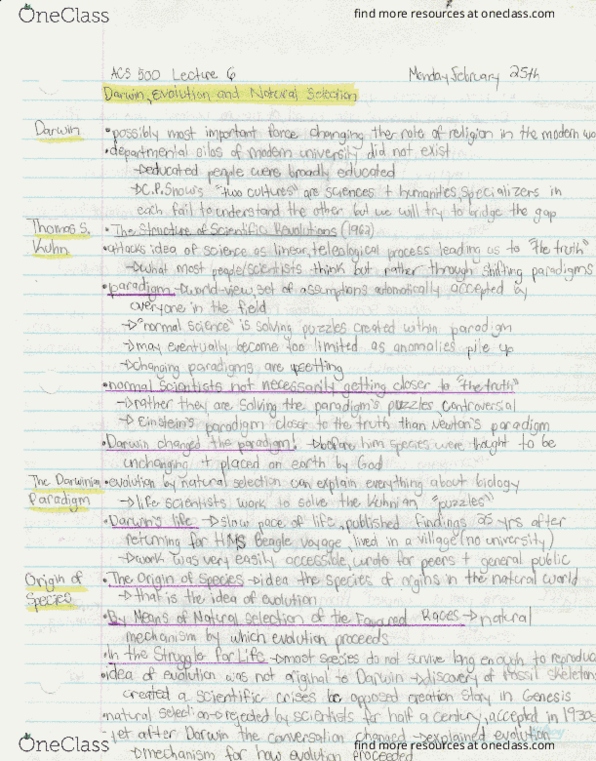 ACS 500 Lecture 6: ACS 500 Lecture 6 Darwin, Evolution and Natural Selection thumbnail