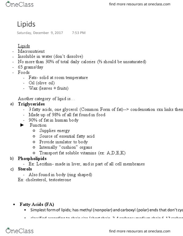 NUTR 207 Lecture Notes - Lecture 4: Short-Chain Fatty Acid, Essential Fatty Acid, Olive Oil thumbnail