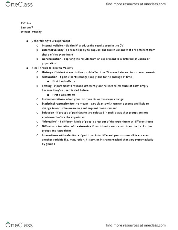 PSY 310 Lecture Notes - Lecture 7: Internal Validity, External Validity, Psy thumbnail