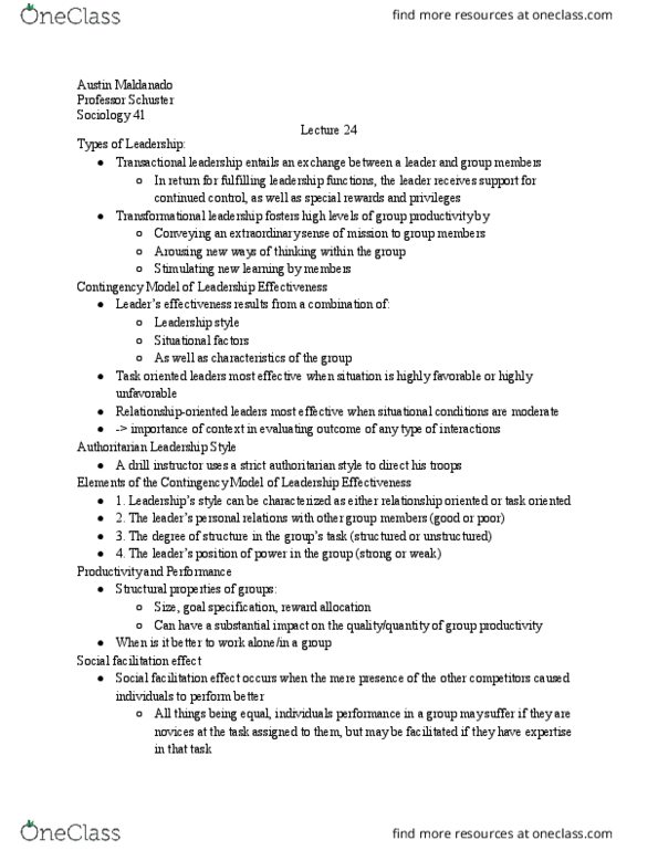 SOCIOL 41 Lecture Notes - Lecture 24: Arthur Schuster, Drill Instructor, Transactional Leadership thumbnail