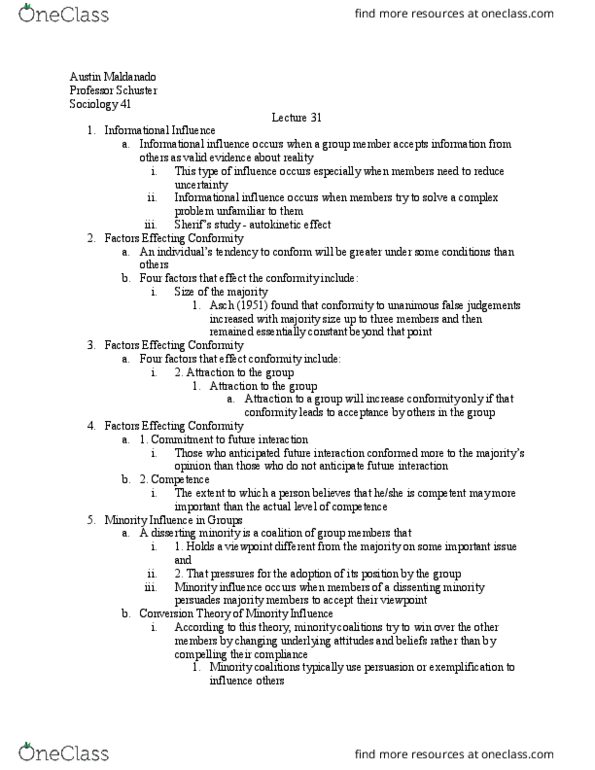 SOCIOL 41 Lecture Notes - Lecture 31: Arthur Schuster, Minority Influence thumbnail