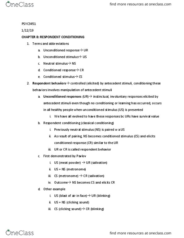 PSYC 3451 Lecture Notes - Lecture 2: Classical Conditioning, Behaviorism, Conditioned Taste Aversion thumbnail