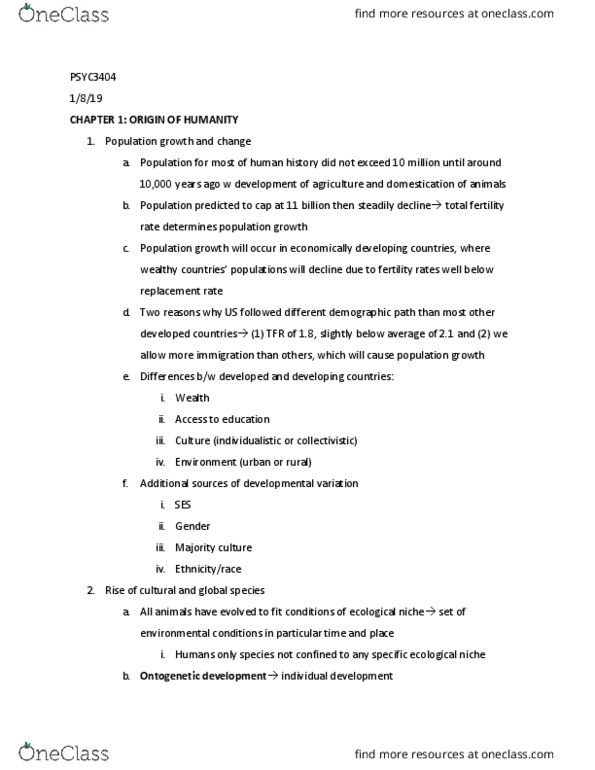 PSYC 3404 Chapter Notes - Chapter 1: Total Fertility Rate, Ecological Niche, Collectivism thumbnail