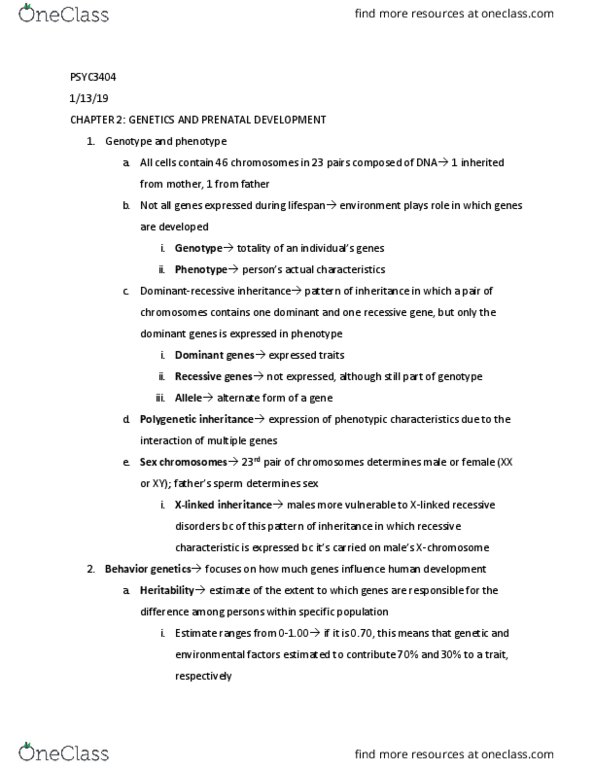 PSYC 3404 Chapter Notes - Chapter 2: Allosome, Prenatal Development, Genotype thumbnail