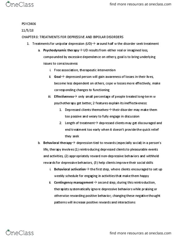 PSYC 3406 Chapter Notes - Chapter 8: Behaviour Therapy, Behavioral Activation, Contingency Management thumbnail