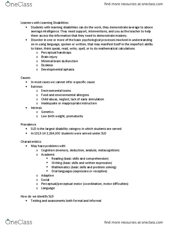 EXED 341 Lecture Notes - Lecture 7: Low Birth Weight, Dyslexia, Brain Injury thumbnail