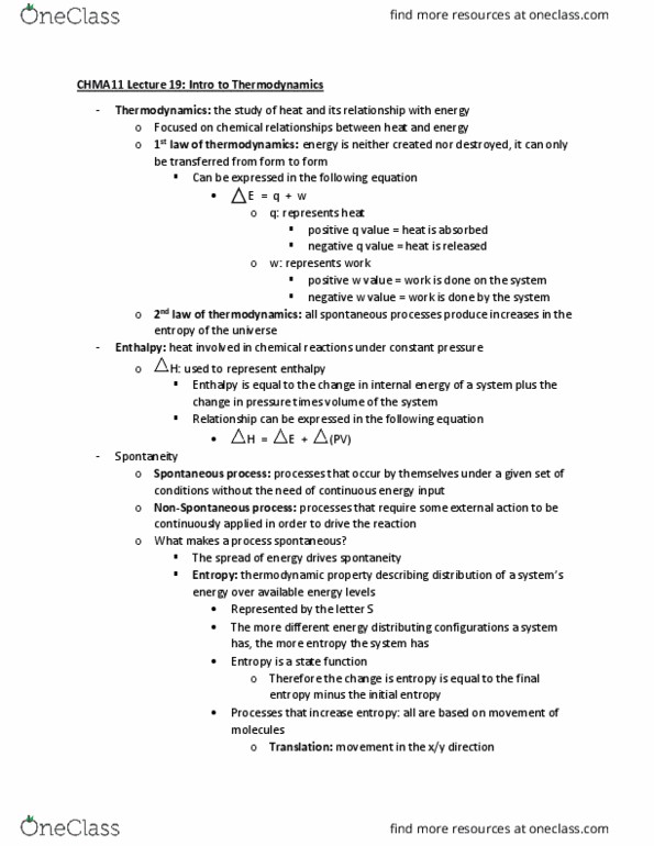 CHMA11H3 Lecture Notes - Lecture 22: Spontaneous Process, Enthalpy, Thermodynamics thumbnail