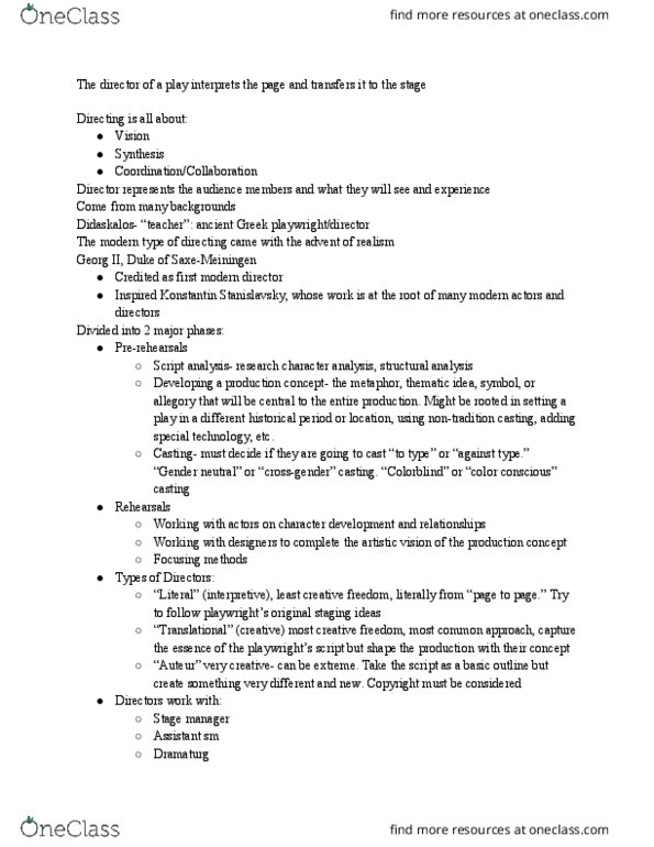 THEA 2010 Lecture Notes - Lecture 10: Konstantin Stanislavski, Stage Management, Dramaturge thumbnail