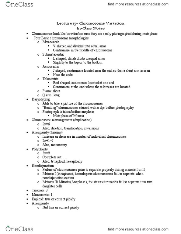 BIOL 2083 Lecture Notes - Lecture 13: Sister Chromatids, Aneuploidy, Nondisjunction thumbnail