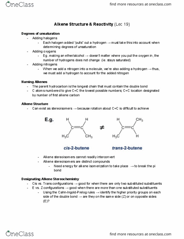 CHM136H1 Lecture Notes - Lecture 22: Isomerization, Alkene, Stereoisomerism thumbnail