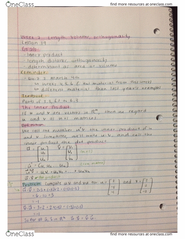 MATH 112 Lecture 22: the inner product, dot product, theorem, proof, length in R^n, solving with Pythagoras, vector length, unit vectors, distance in R^n, orthagonality cover image
