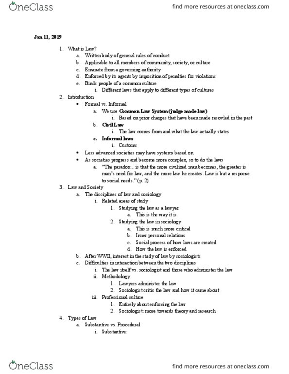 Sociology 2260A/B Lecture Notes - Lecture 1: Procedural Law, Murder 2, Napoleonic Code thumbnail