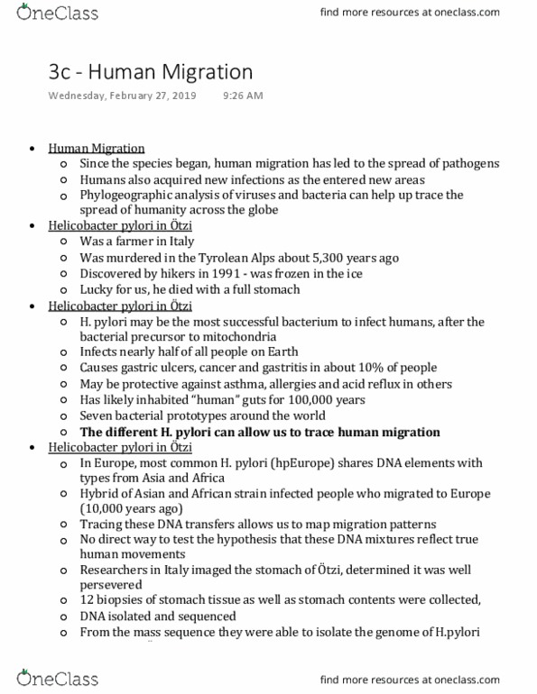 AGRI 224 Lecture Notes - Lecture 6: Helicobacter Pylori, Human Migration, Gastritis thumbnail