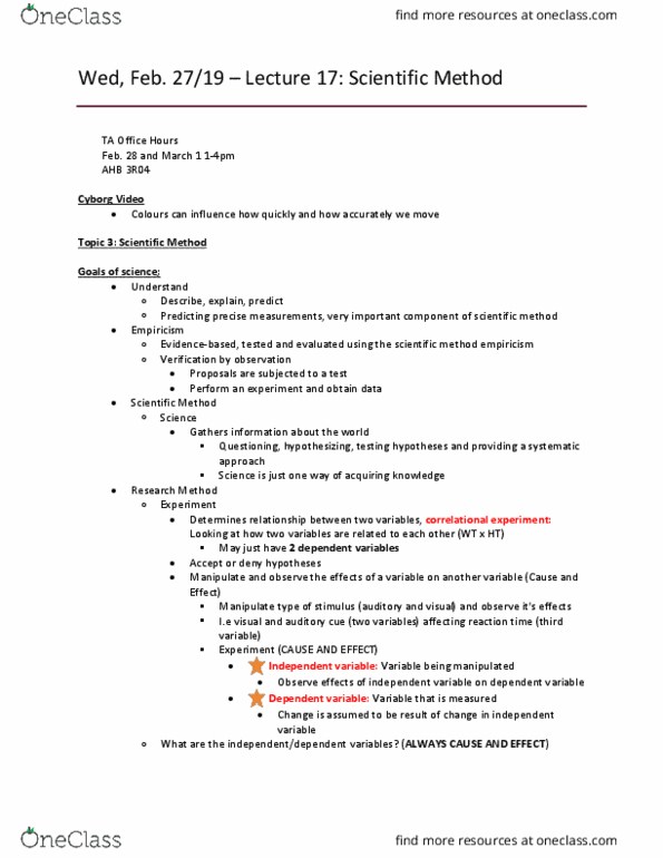 Kinesiology 1080A/B Lecture Notes - Lecture 17: Scientific Method, Dependent And Independent Variables, Empiricism thumbnail