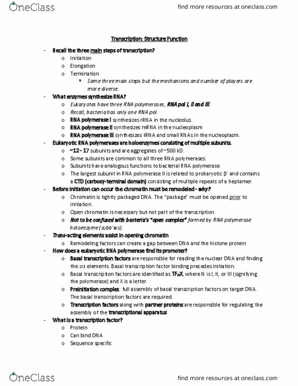 BIO 350 Lecture Notes - Lecture 9: Nucleoplasm, Enzyme, Nuclear Dna thumbnail