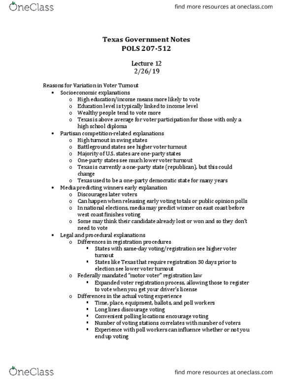 POLS 207 Lecture Notes - Lecture 12: Early Voting, Party System thumbnail